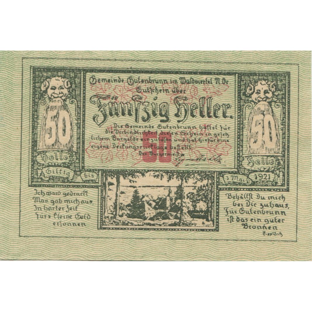 Banconote, Austria, Gutenbrunn, 50 Heller, paysage, 1921 SPL Mehl:FS 315