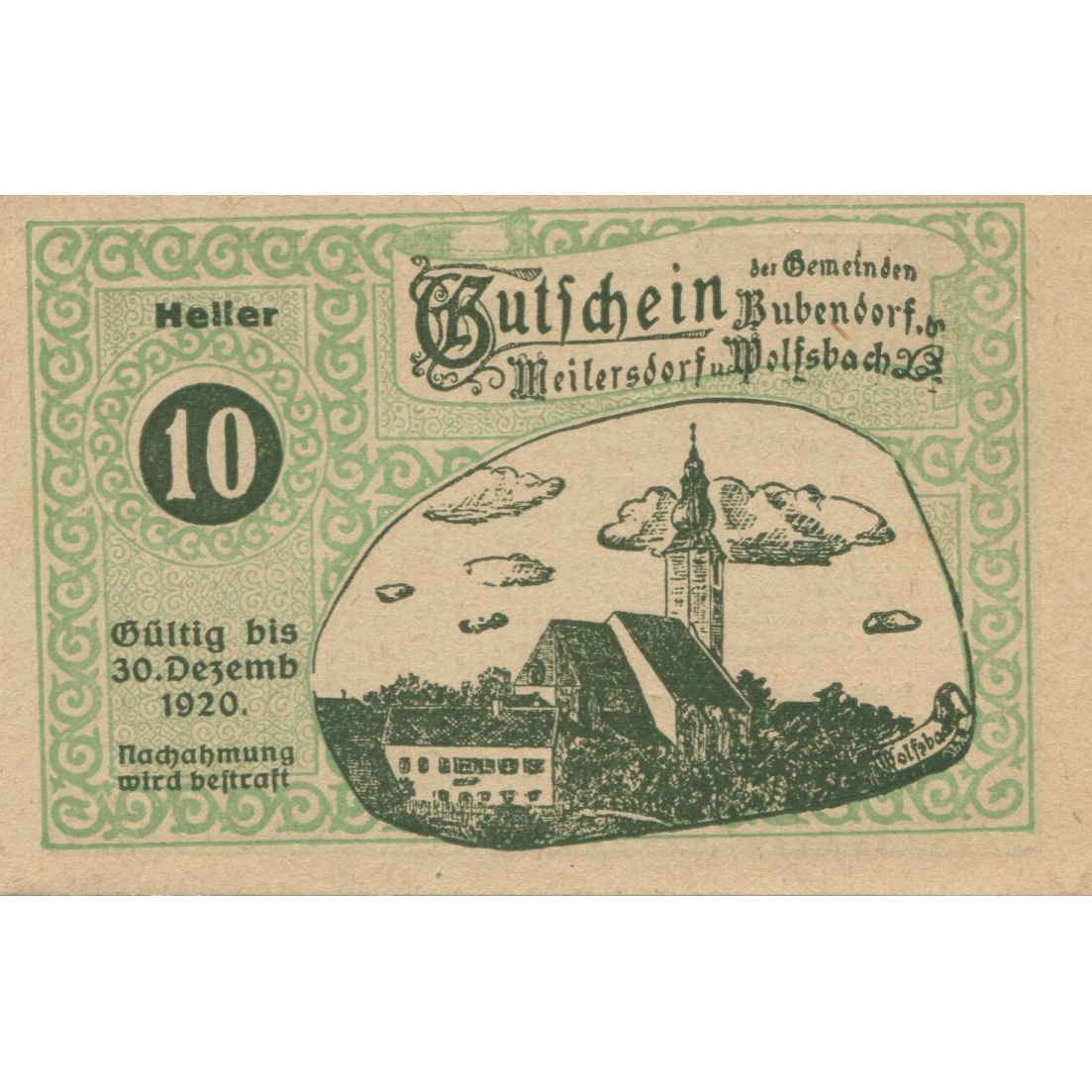 Banknot, Austria, Bubendorf, 10 Heller, château 1920-12-30, UNC(63) Mehl:FS 112e