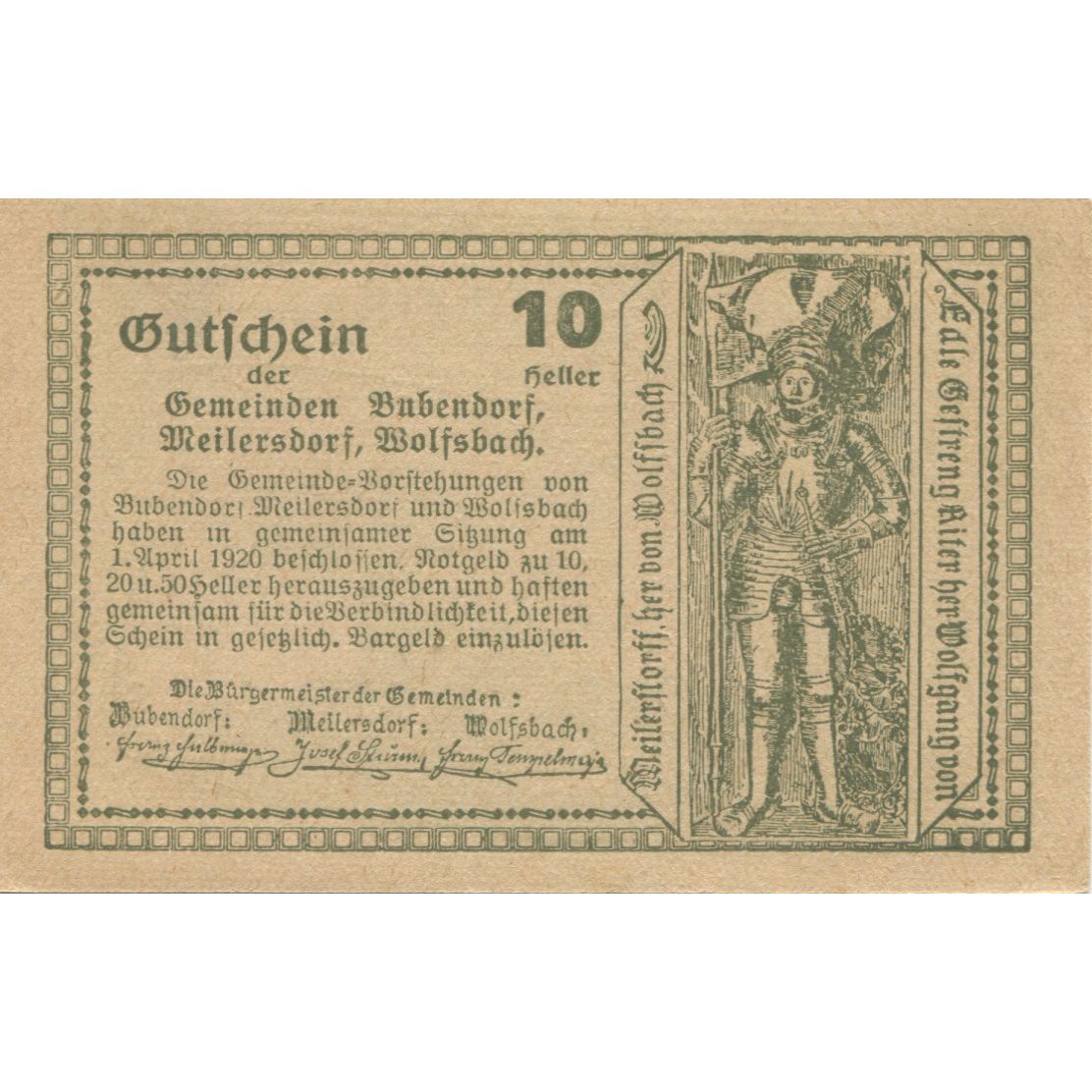 Banknot, Austria, Bubendorf, 10 Heller, château 1920-12-30, UNC(63) Mehl:FS 112e
