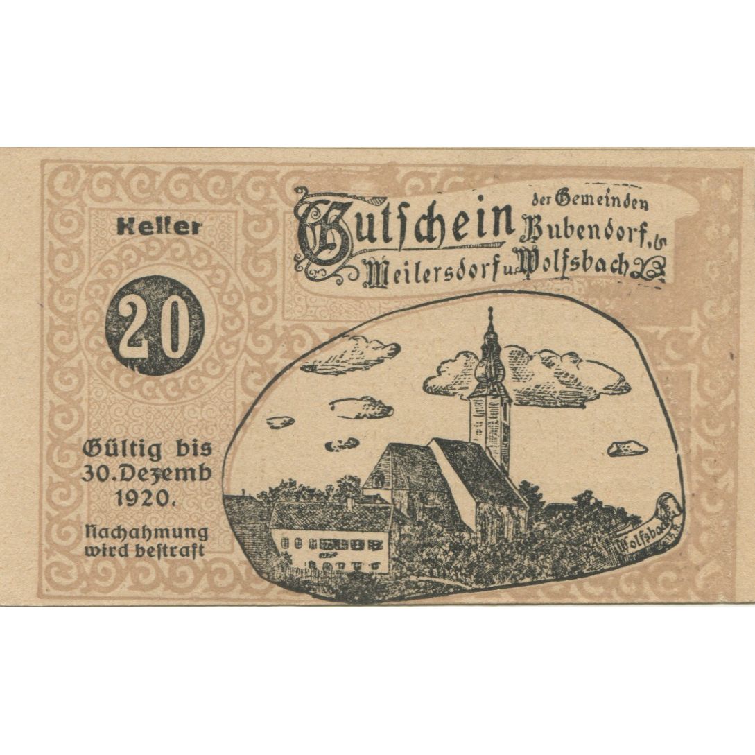 Geldschein, Österreich, Bubendorf, 20 Heller, Eglise, 1920 UNZ- Mehl:FS 112e
