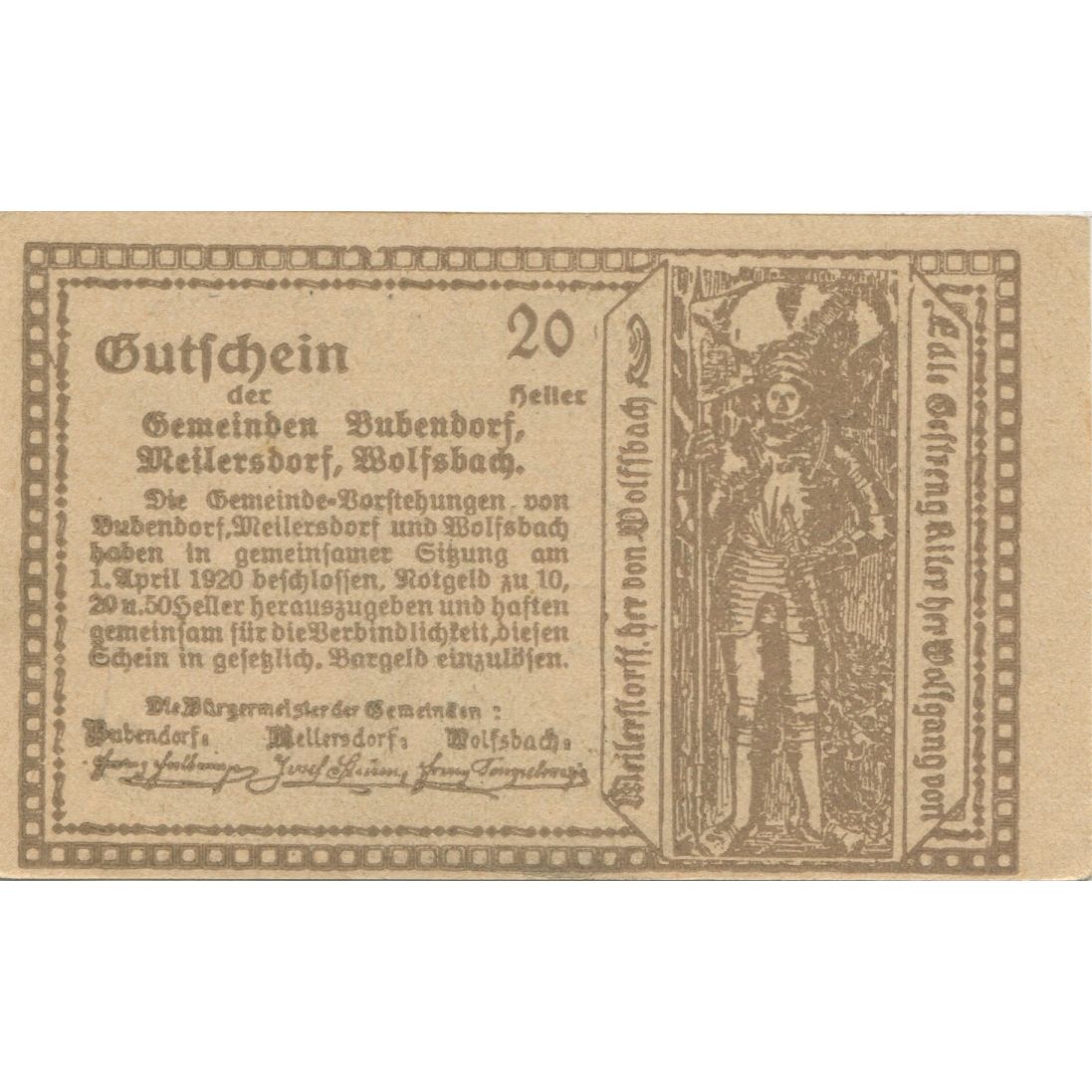 Geldschein, Österreich, Bubendorf, 20 Heller, Eglise, 1920 UNZ- Mehl:FS 112e