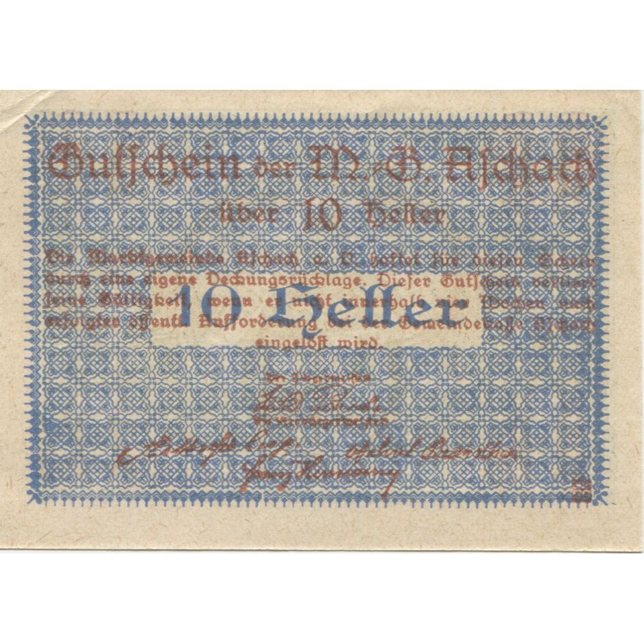 Geldschein, Österreich, Aschach, 10 Heller, Blason, 1920, UNZ-, Mehl:FS 53IIb20