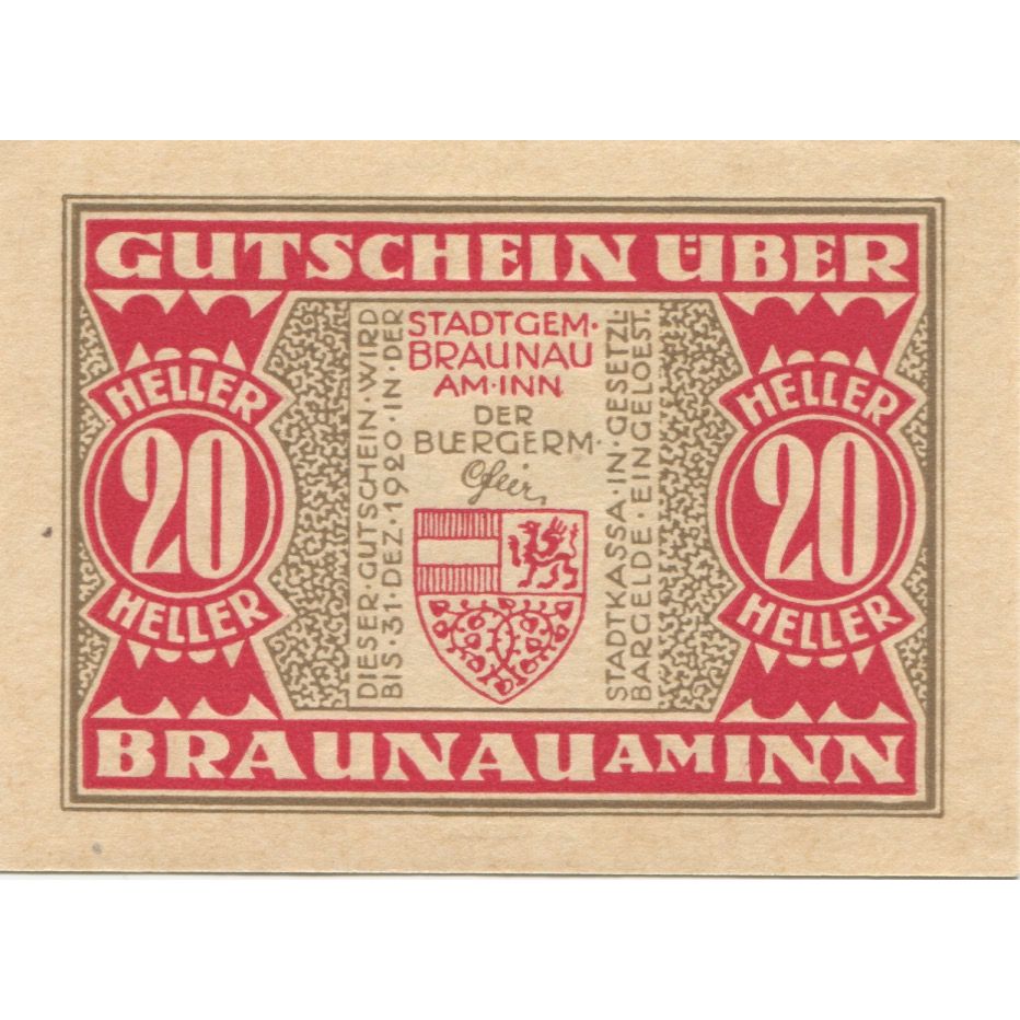 Geldschein, Österreich, Braunau, 20 Heller, Blason 1920-12-31, UNZ- Mehl:FS 101