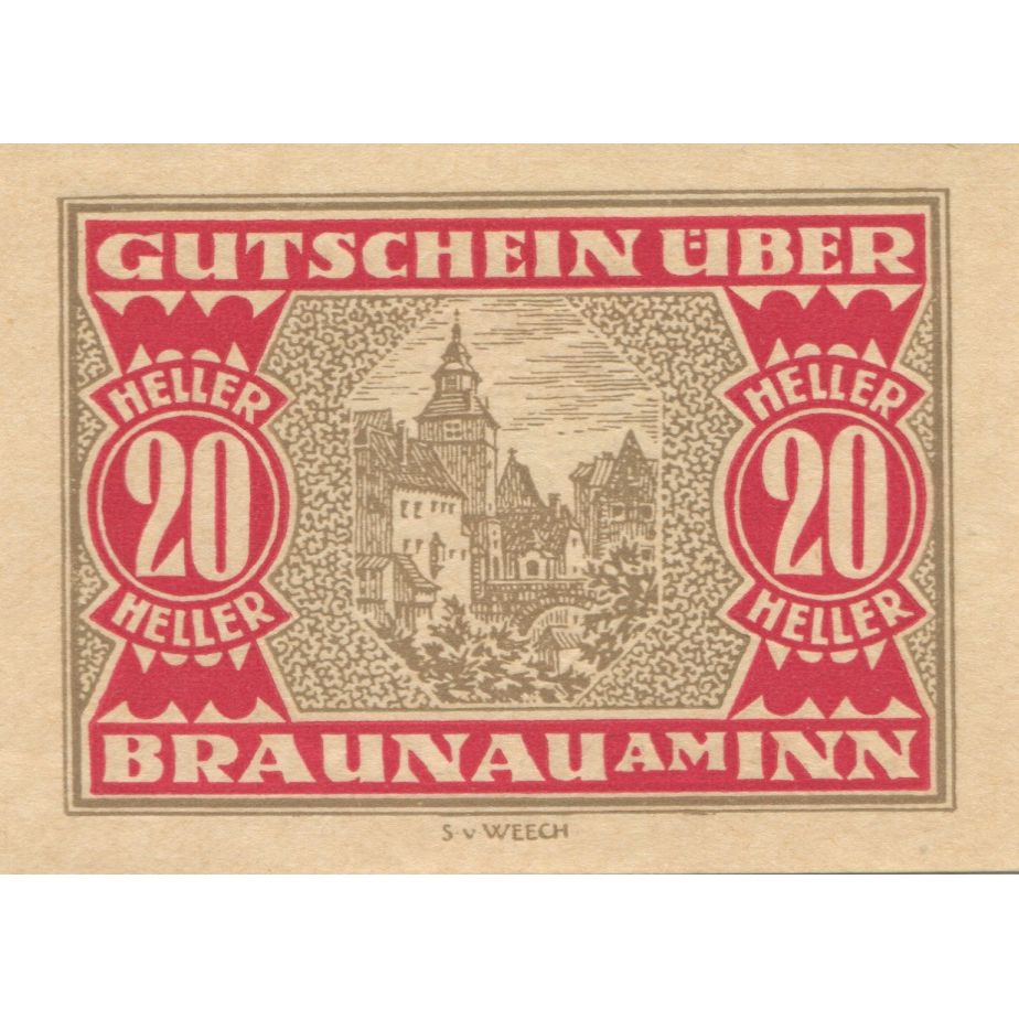 Geldschein, Österreich, Braunau, 20 Heller, Blason 1920-12-31, UNZ- Mehl:FS 101