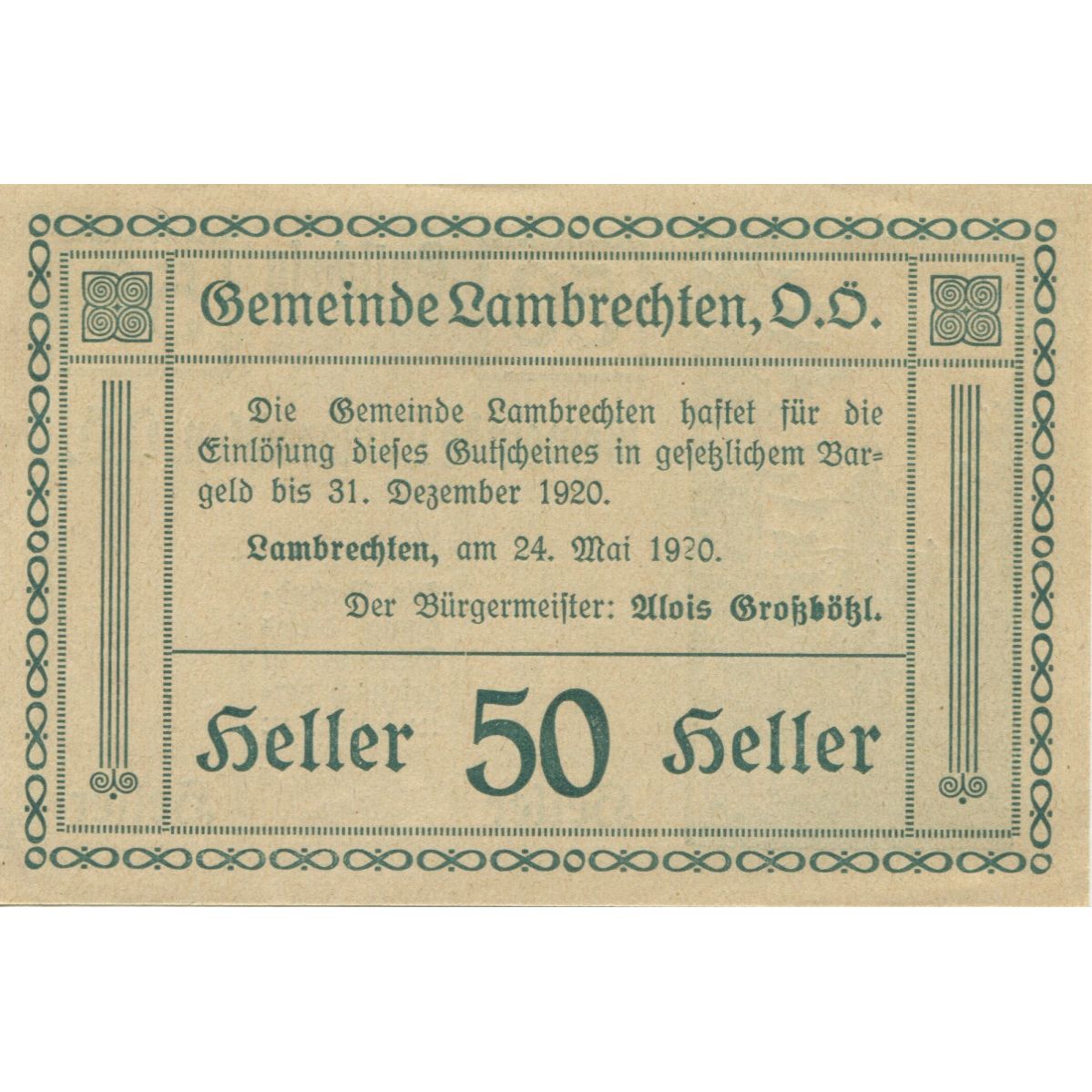 Banknote, Austria, Lambrechten, 50 Heller, Eglise, 1920 UNC(63) Mehl:FS 497b