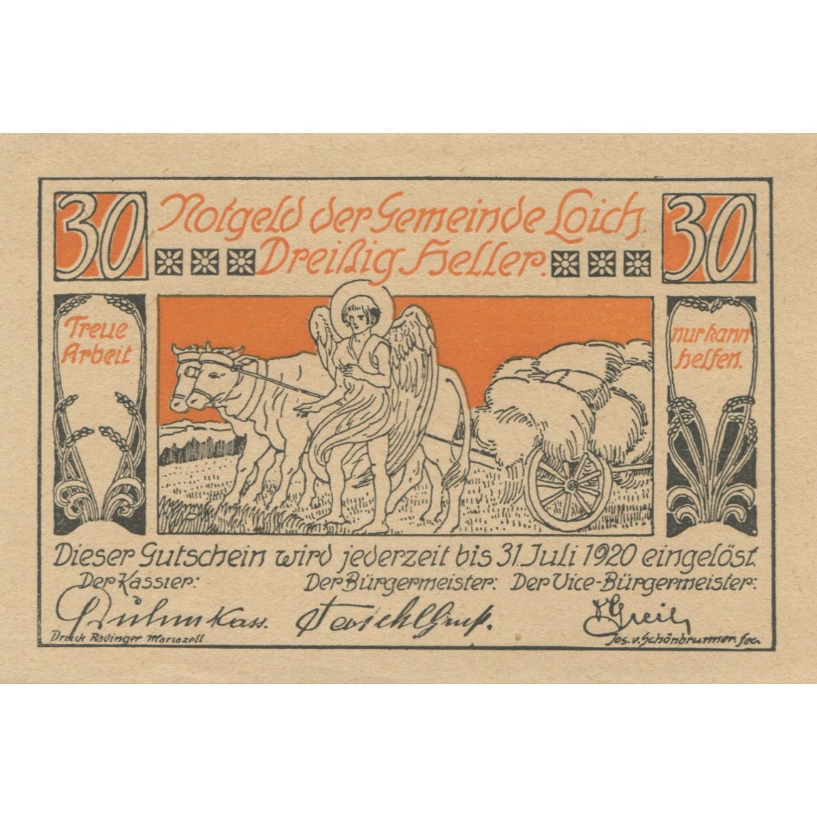 Banknote, Austria, Loïch, 30 Heller, personnage 1920 UNC(63) Mehl:FS 562