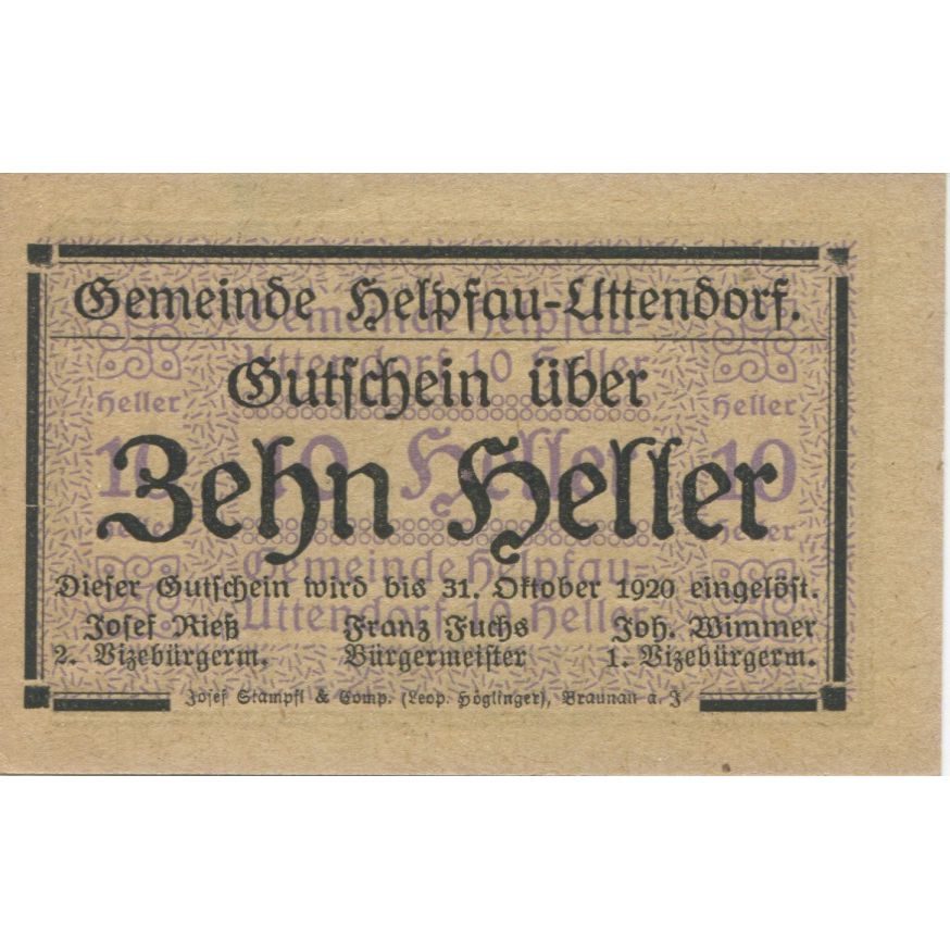 Banknote Austria Helpfau-Uttendorf 10Heller paysage 1920 UNC(63) Mehl:FS 365Ib