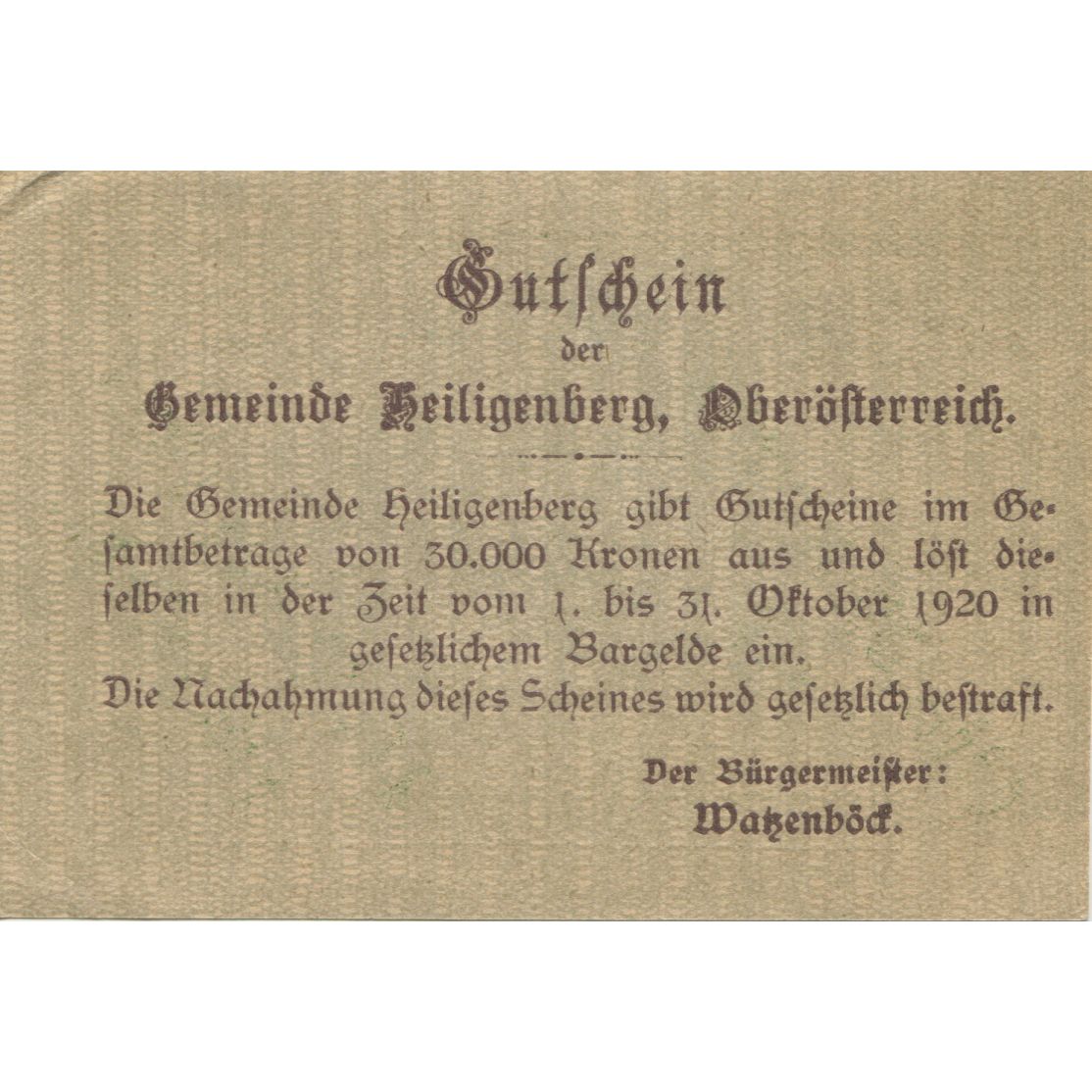 Banknote, Austria, Heiligenberg, 20 Heller, Eglise, 1920 UNC(63) Mehl:FS 361