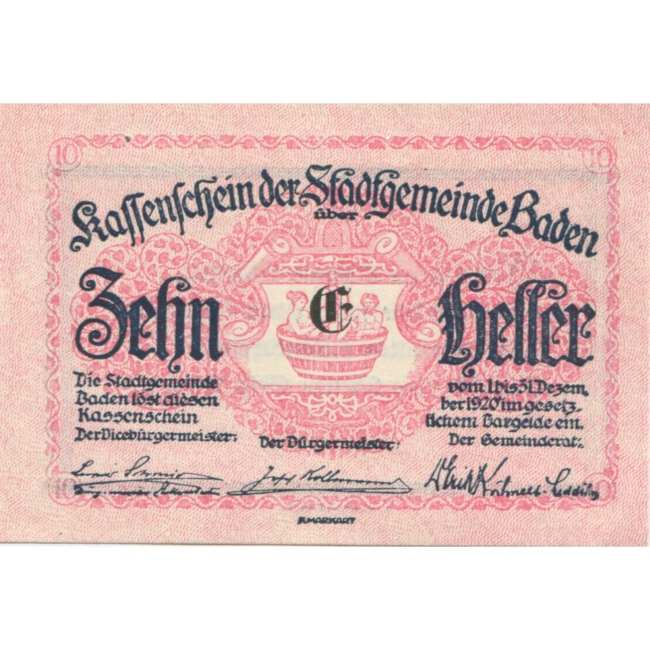 Banknote, Austria, Baden, 10 Heller, Texte 1920-12-31, UNC(63), Mehl:FS 74a