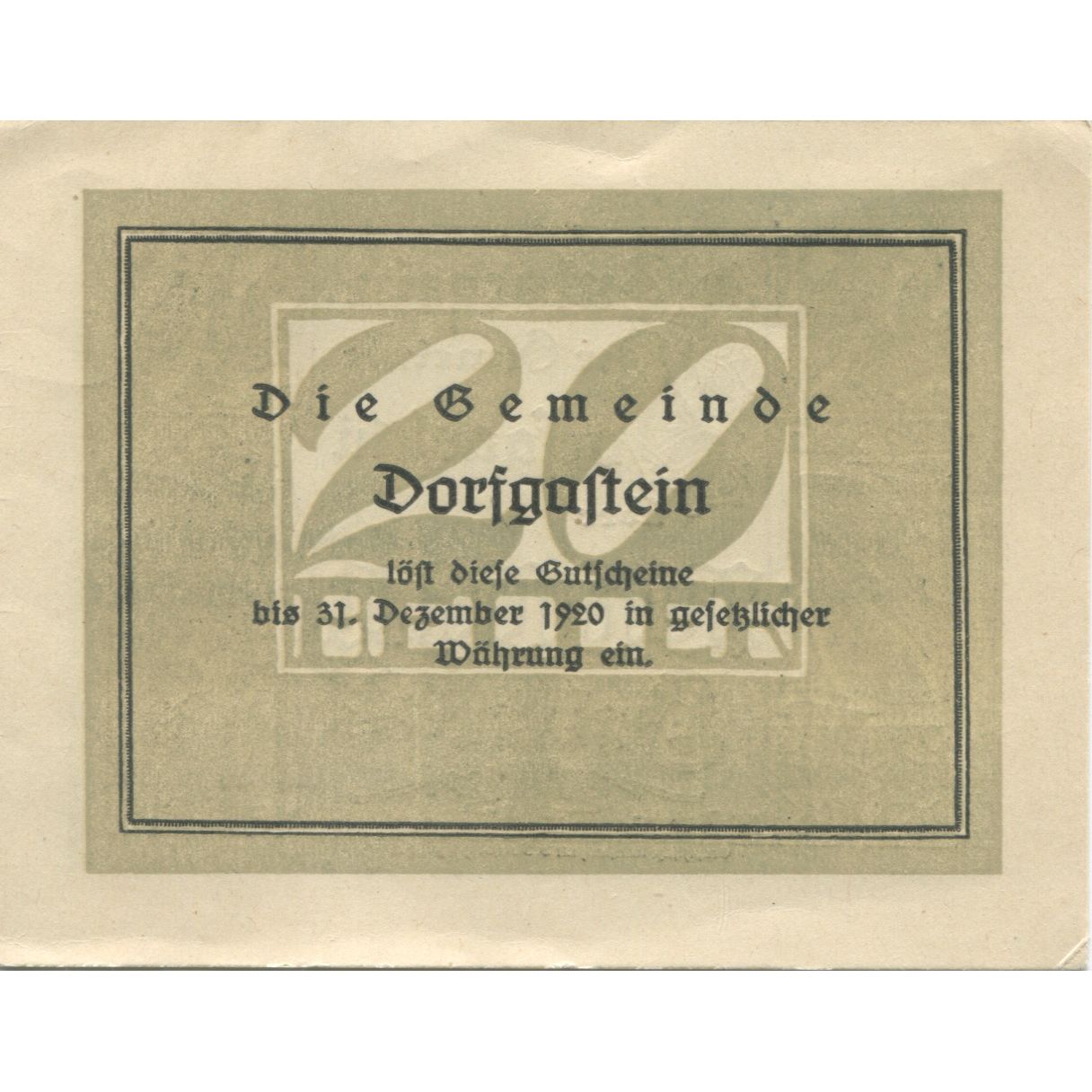 Banconote, Austria, Dorfgastein, 20 Heller, personnage, 1920 SPL Mehl:FS 130