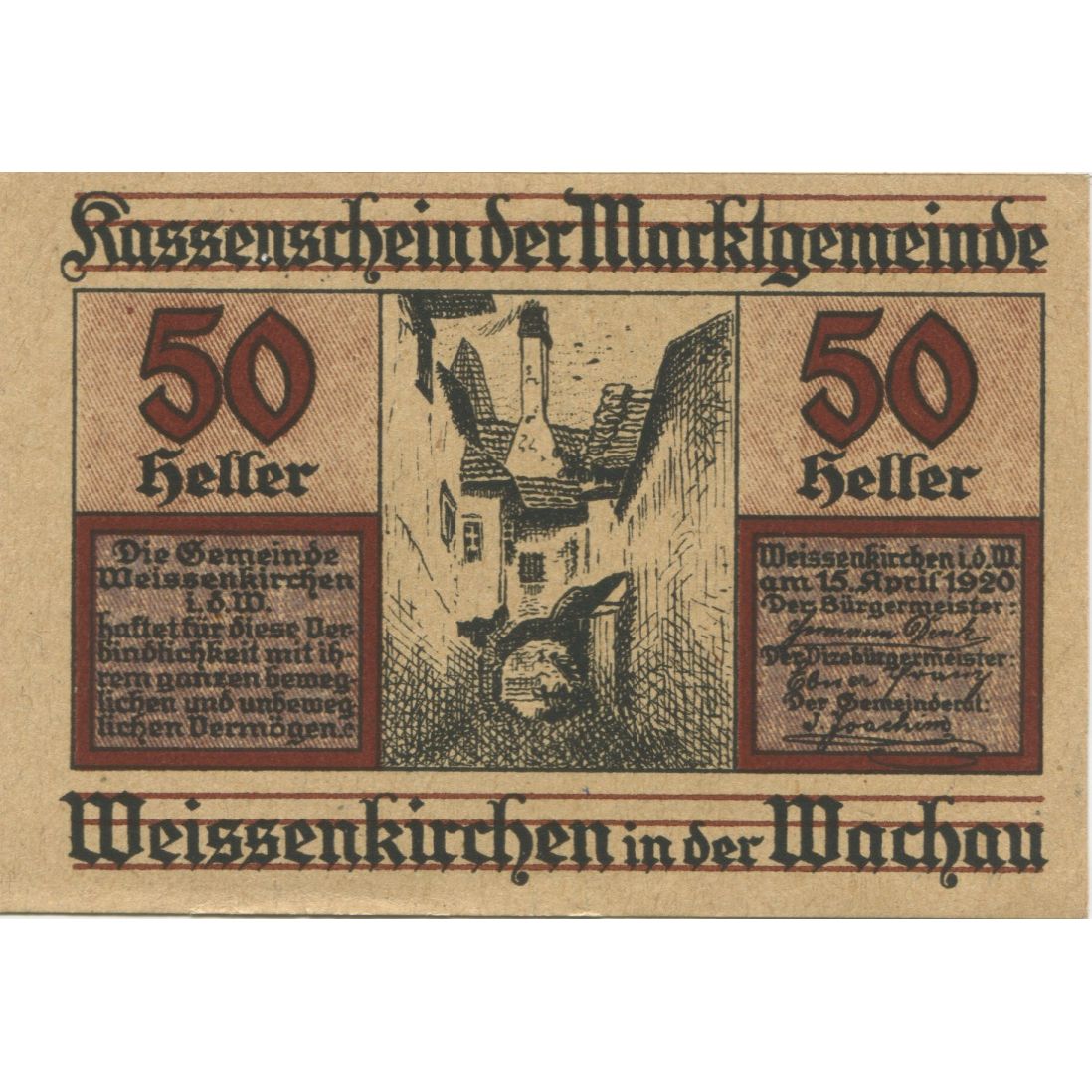 Banknote, Austria, Weissenkirchen, 50 Heller, rue, 1920 UNC(63) Mehl:FS 1158IIb