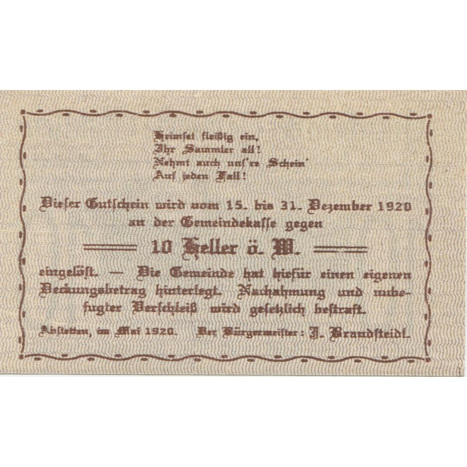 Banknote, Austria, Abstetten, 10 Heller, Eglise, 1920, UNC(63) Mehl:FS 2a