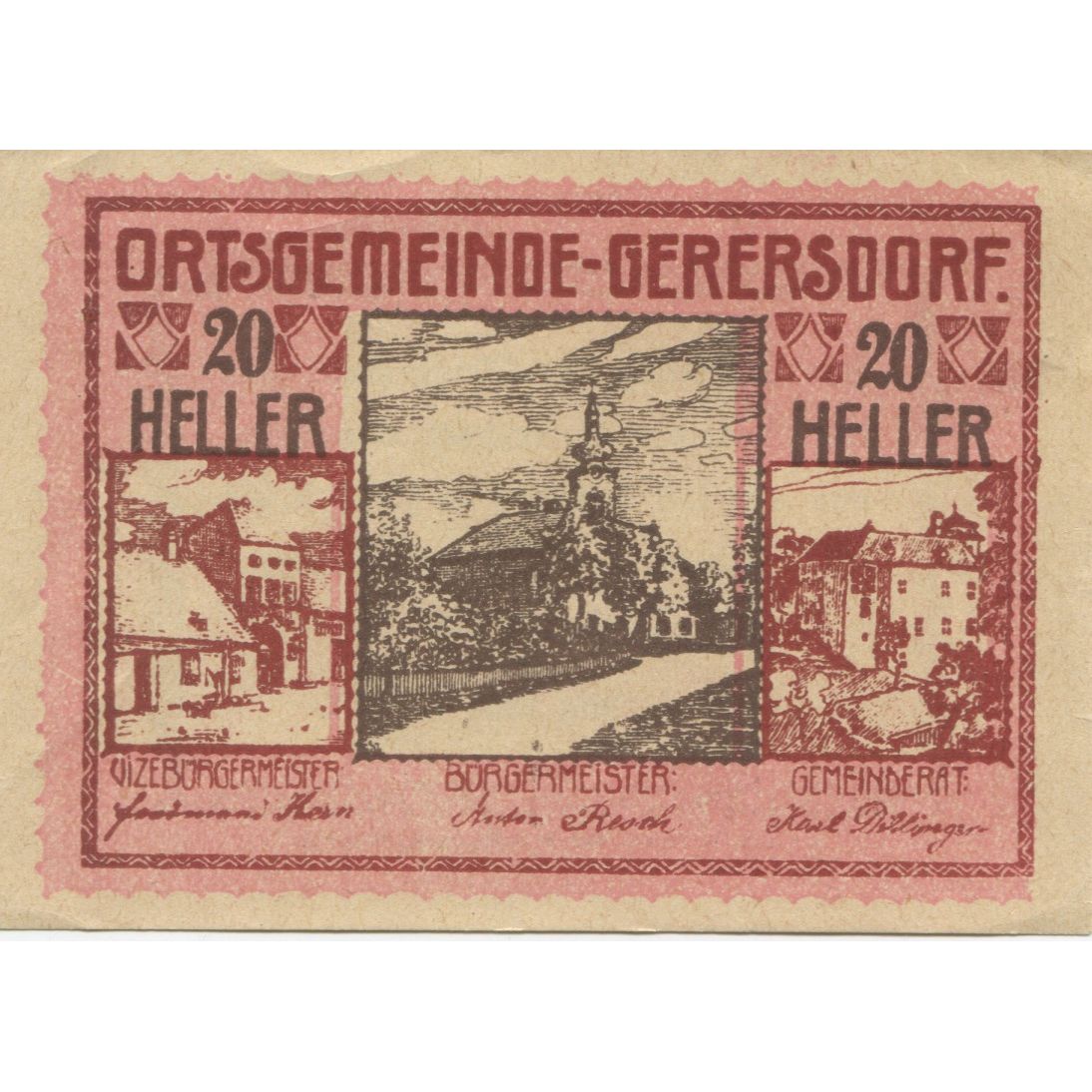 Banknote, Austria, Gerersdorf, 20 Heller, village, 1920 UNC(63) Mehl:FS 230a