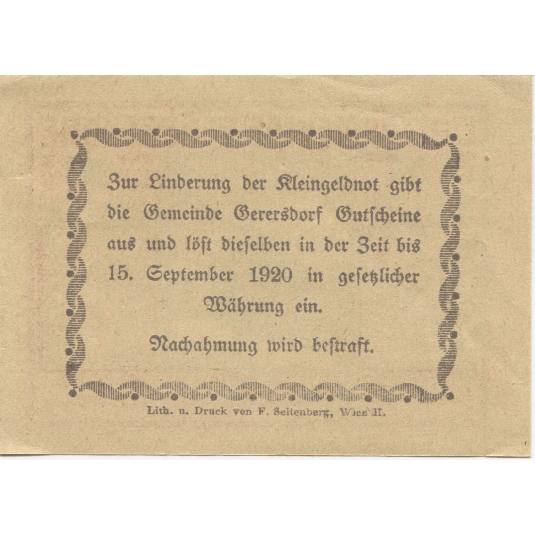 Banknote, Austria, Gerersdorf, 20 Heller, village, 1920 UNC(63) Mehl:FS 230a