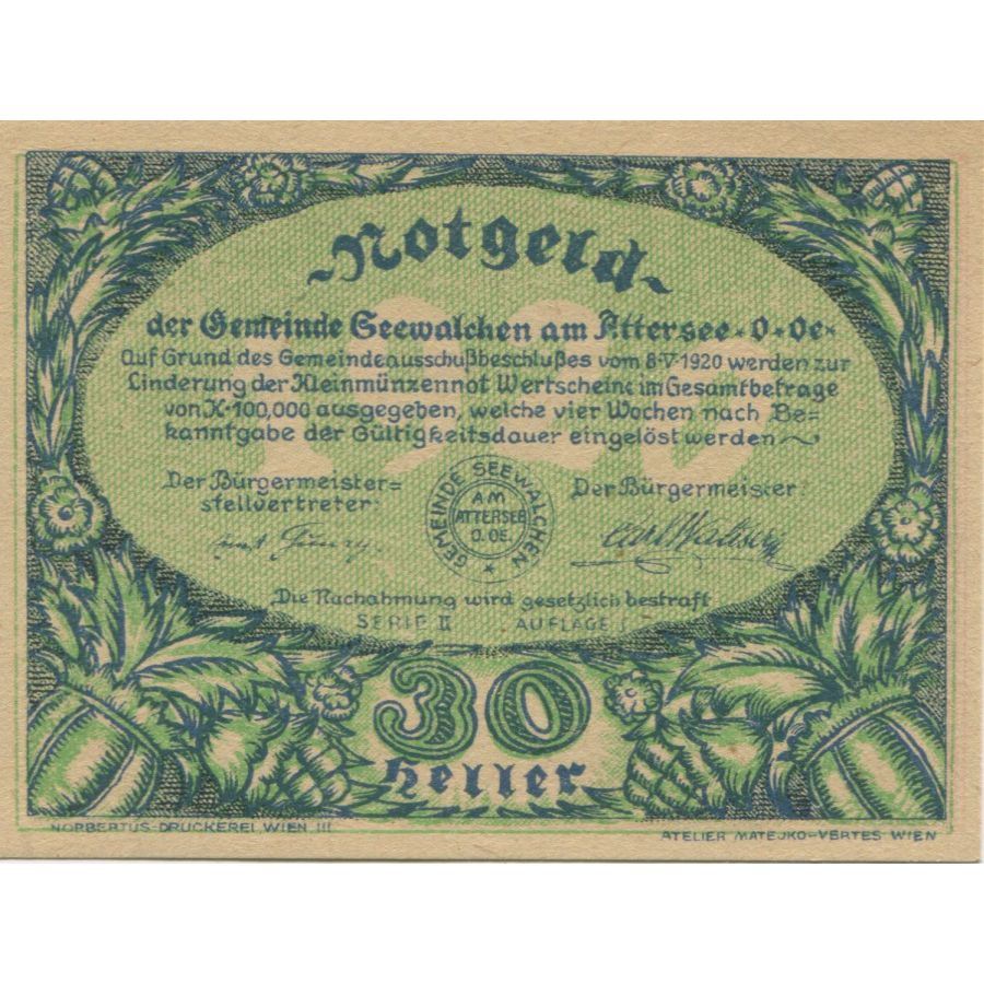 Banknote, Austria, Attersee, 30 Heller, paysage, 1920, UNC(63), Mehl:FS 988a