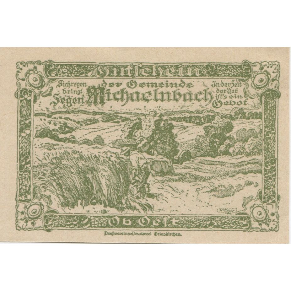 Banknote, Austria, Michaelnbach, 50 Heller, champs, 1920 UNC(63) Mehl:FS 611