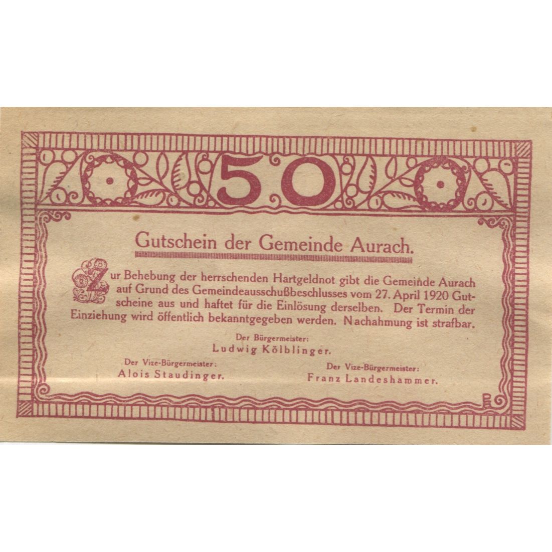 Banknote, Austria, Aurach, 50 Heller, village 1920-04-27, UNC(63) Mehl:FS 68a
