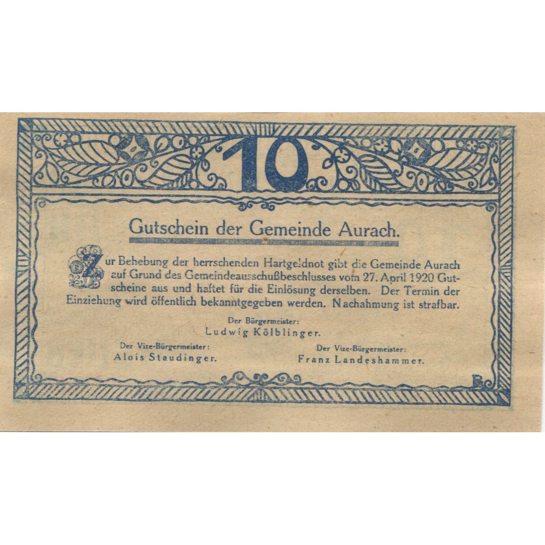 Banknote, Austria, Aurach, 10 Heller, village 1920-04-27, UNC(63) Mehl:FS 68a