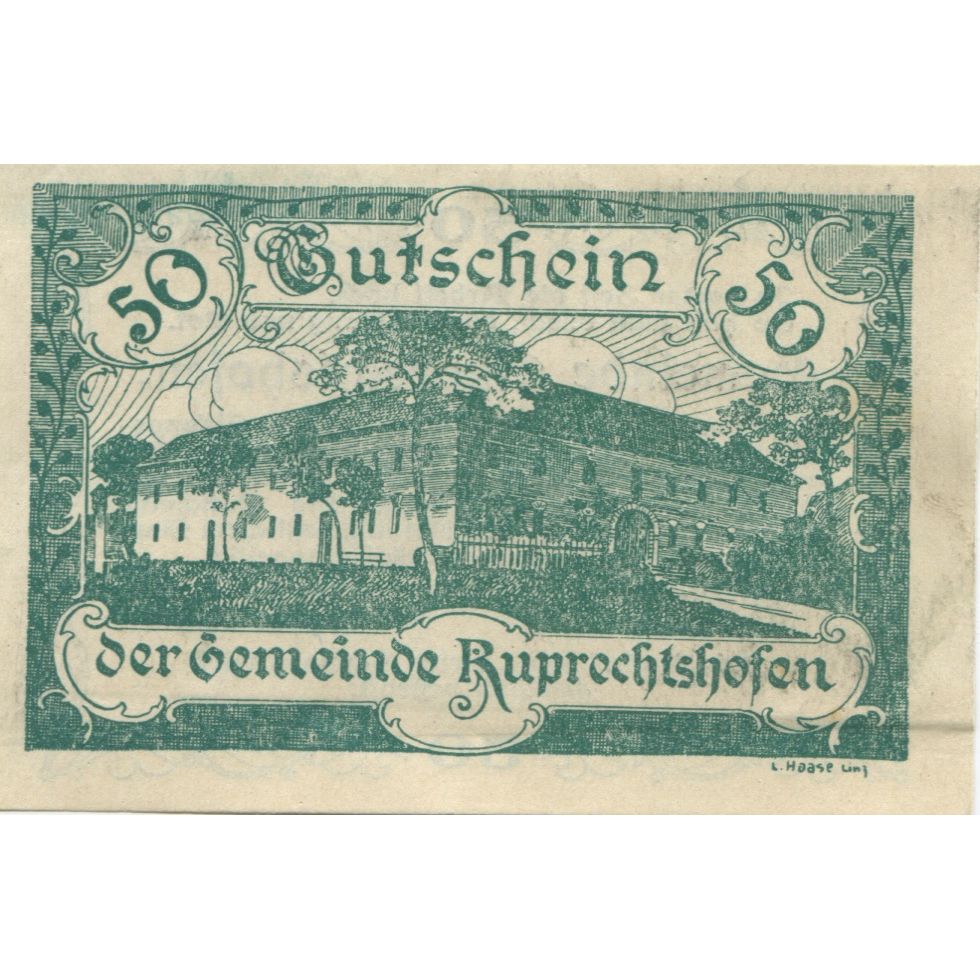Banconote, Austria, Ruprechtshofen, 50 Heller, château, 1920 SPL- Mehl:FS 901a