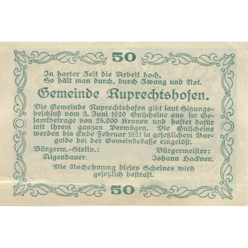 Banconote, Austria, Ruprechtshofen, 50 Heller, château, 1920 SPL- Mehl:FS 901a