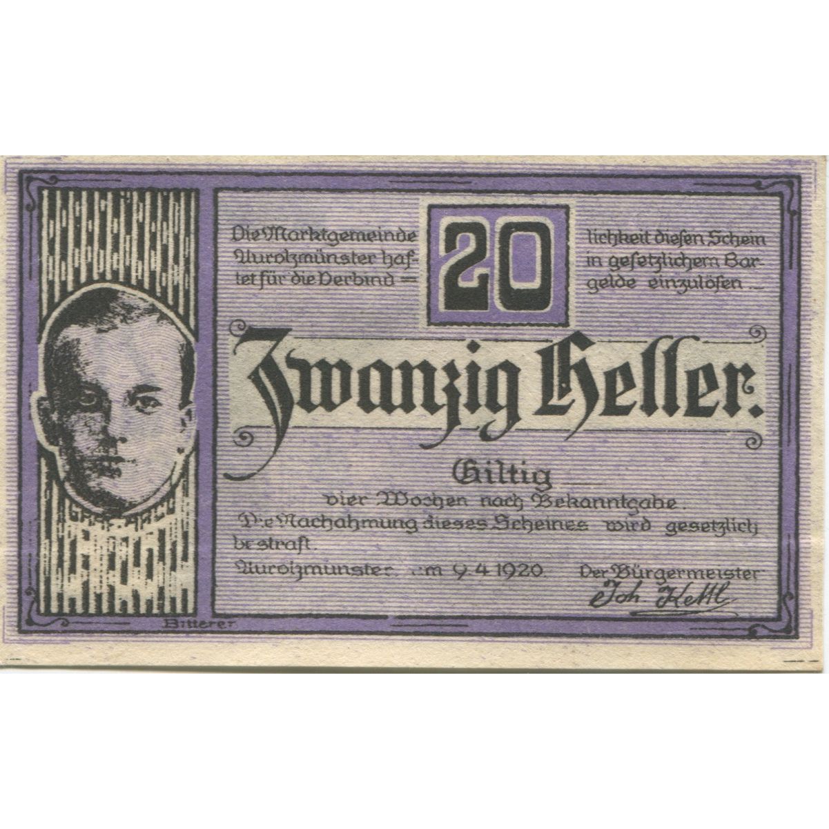 Nota, Áustria, Aurolzmunster, 20 Heller, portrait, 1920 UNC(63) Mehl:FS 69a