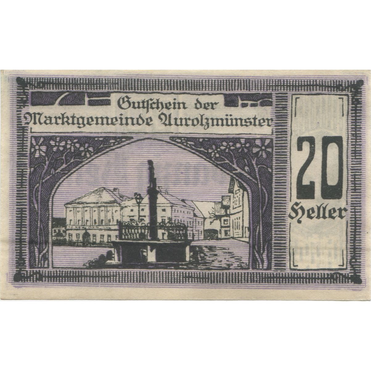 Nota, Áustria, Aurolzmunster, 20 Heller, portrait, 1920 UNC(63) Mehl:FS 69a