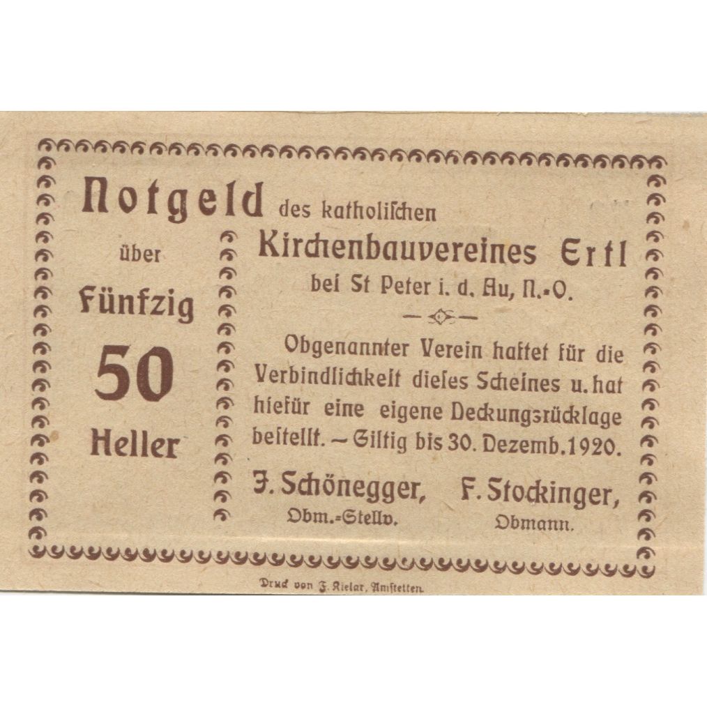 Banknote, Austria, Ertl, 50 Heller, Eglise 1920-12-30, UNC(63), Mehl:FS 185b