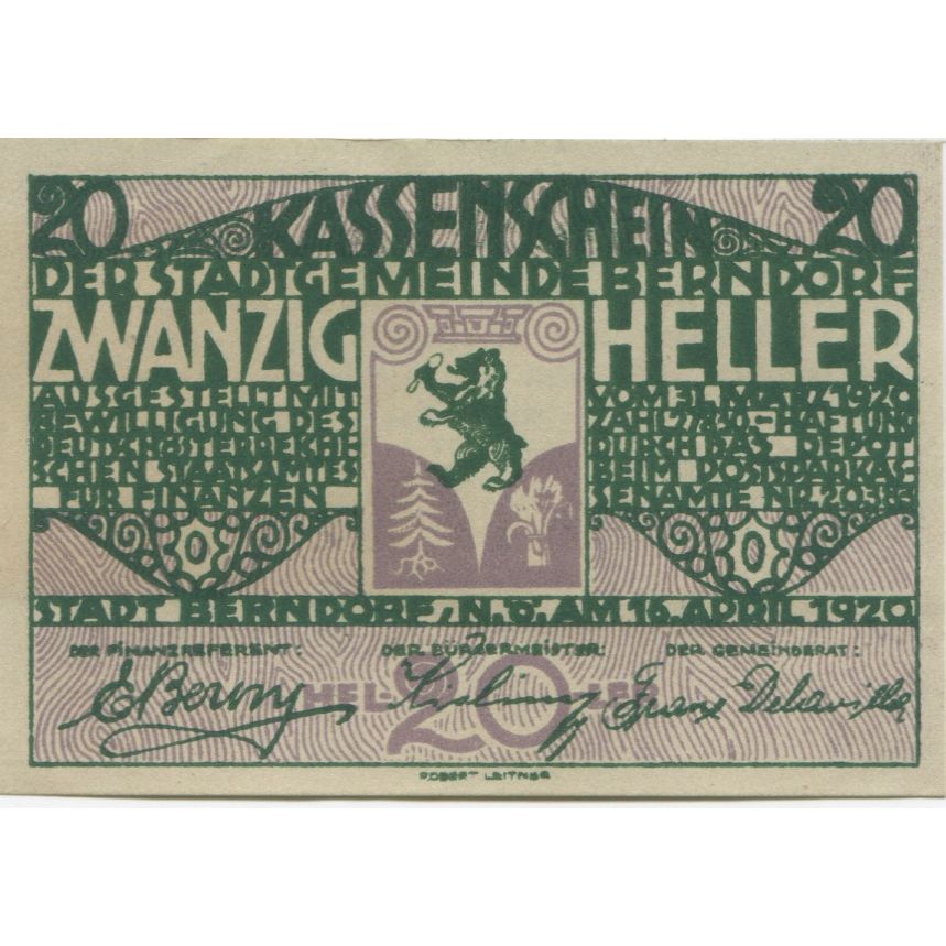 Banknote, Austria, Berndorf, 20 Heller, Lion, 1920 UNC(63), Mehl:FS 83a