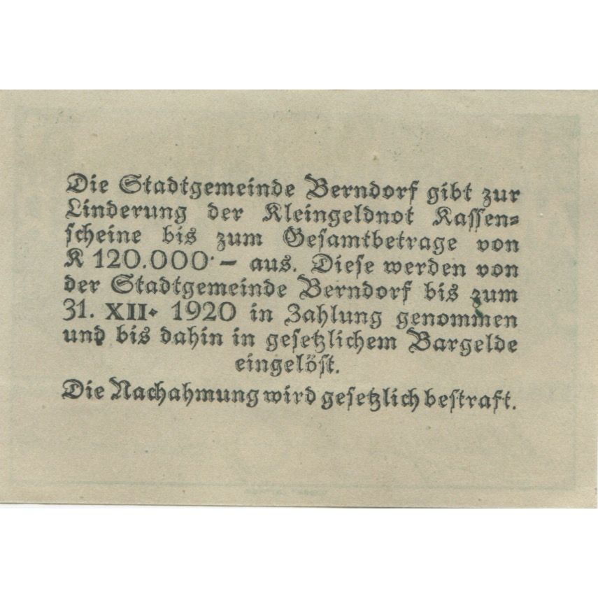 Banknote, Austria, Berndorf, 20 Heller, Lion, 1920 UNC(63), Mehl:FS 83a