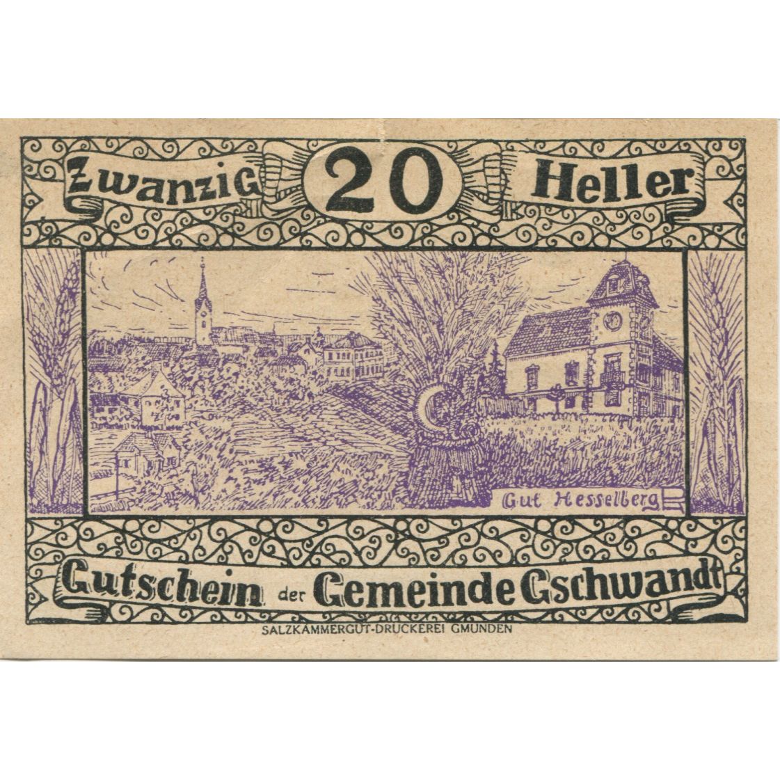 Banknote, Austria, Gschwandt, 20 Heller, village, 1920 UNC(63) Mehl:FS 305a