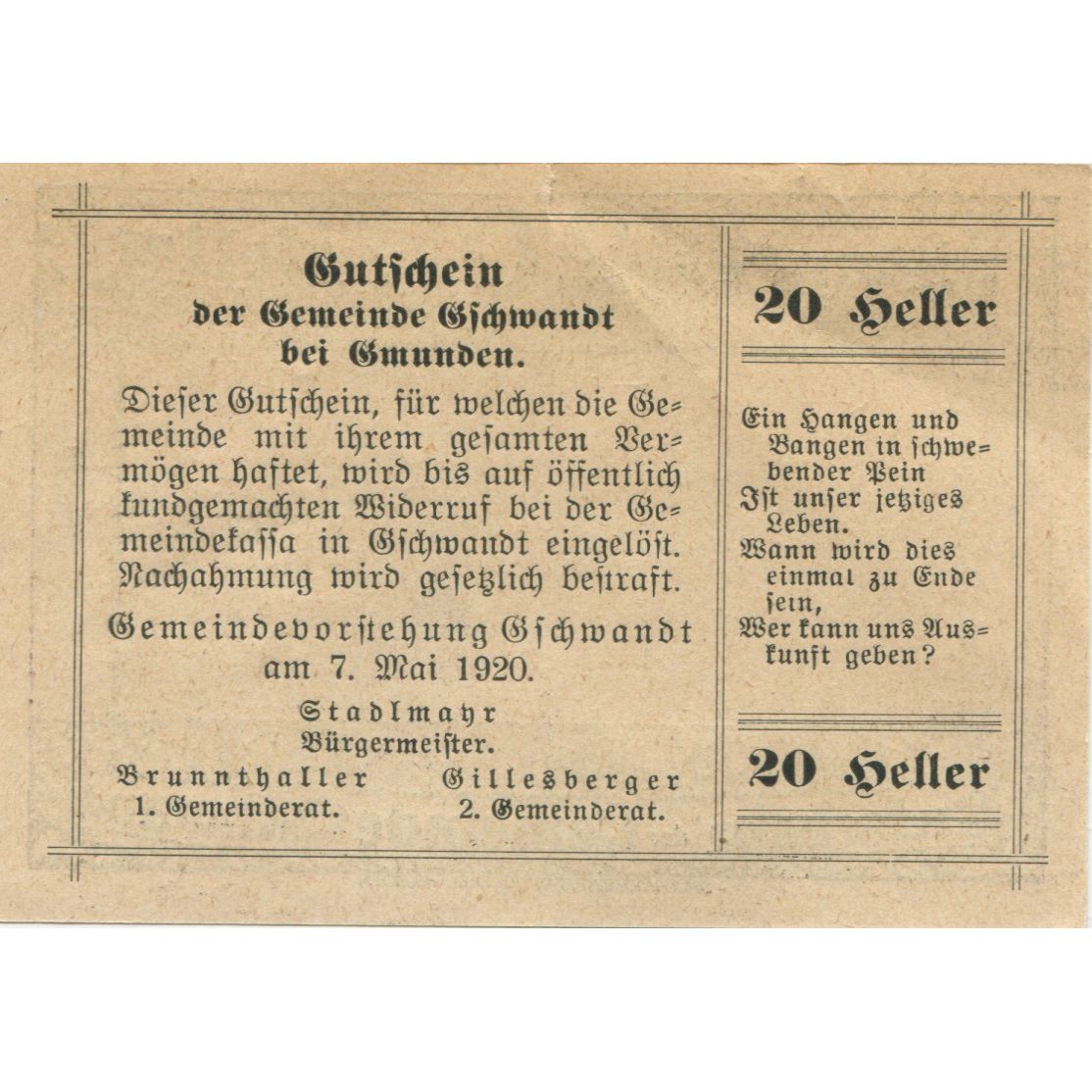 Banknote, Austria, Gschwandt, 20 Heller, village, 1920 UNC(63) Mehl:FS 305a