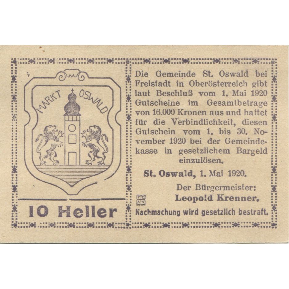 Banknote, Austria, St Oswald, 10 Heller, Eglise, 1920 UNC(63) Mehl:FS 917