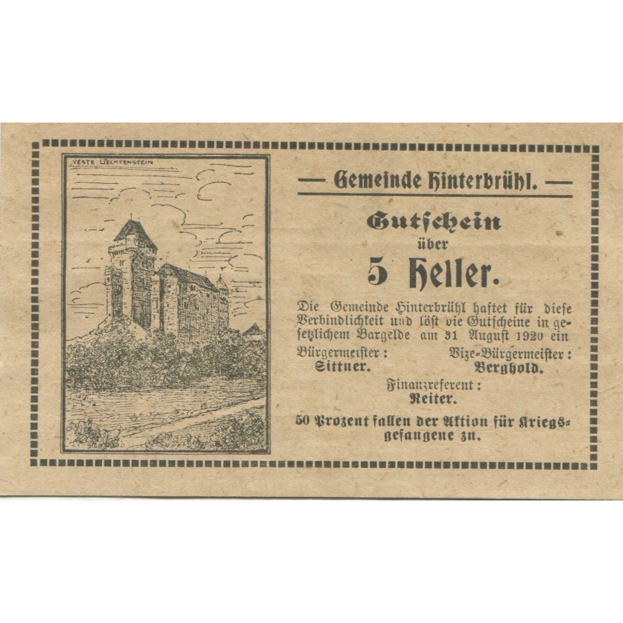 Banknote, Austria, Hinterbrühl, 5 Heller, château, 1920 UNC(63) Mehl:FS 376IIIc
