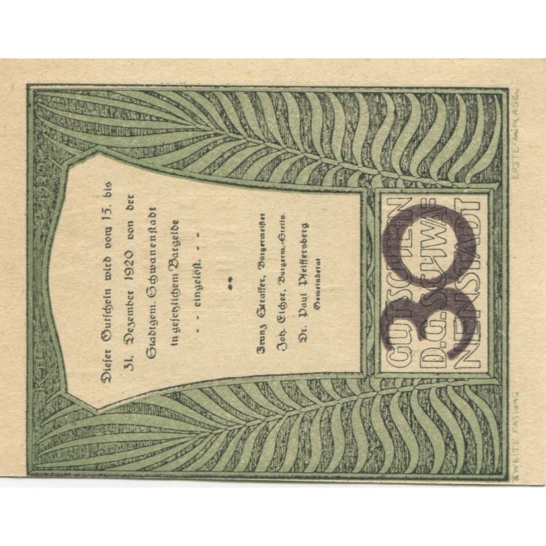 Banknote Austria Schwanenstadt, 30 Heller, château, 1920 UNC(63) Mehl:FS 977IIa