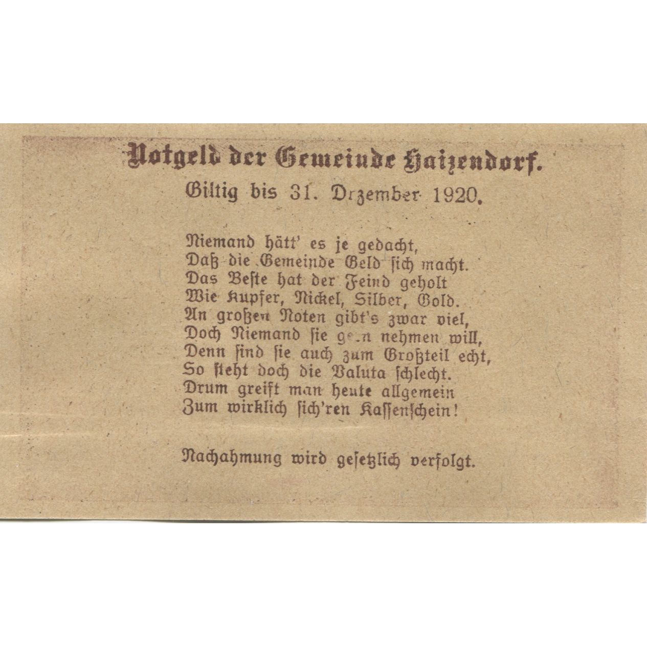 Banknote, Austria, Haizendorf, 50 Heller, château, 1920 UNC(63) Mehl:FS 341Ib