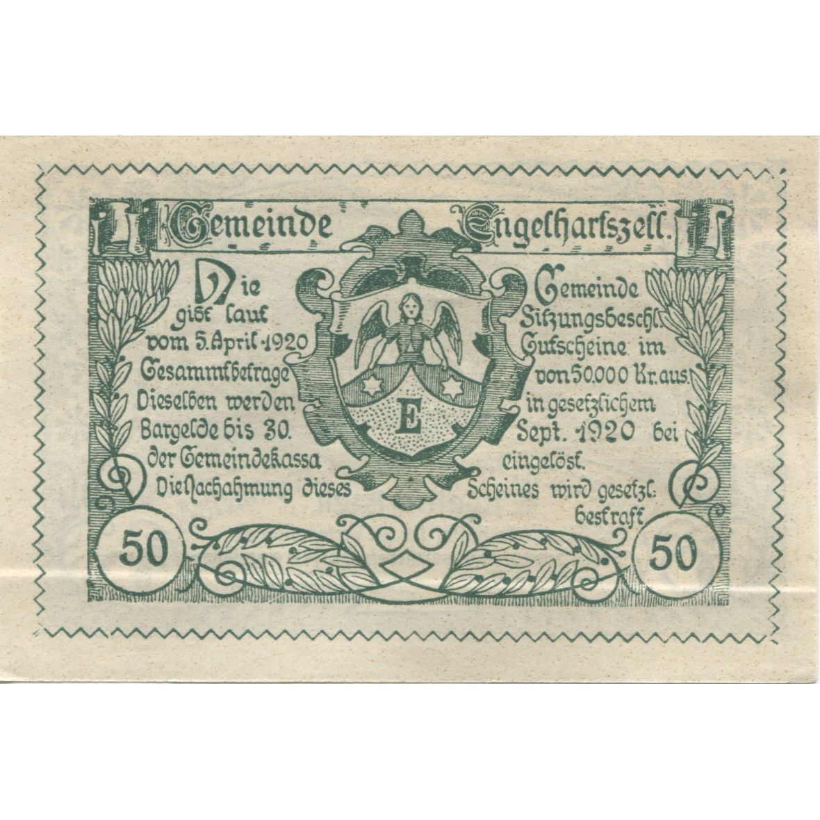 Banknote, Austria, Engelhartszell, 50 Heller, village, 1920 UNC(63) Mehl:FS 172a