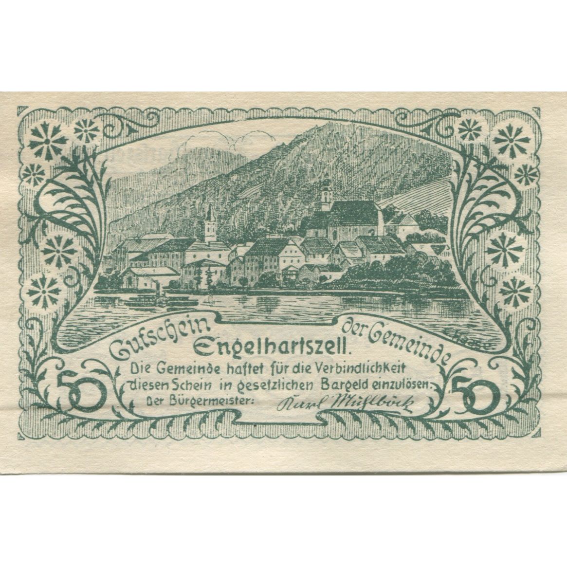 Banknote, Austria, Engelhartszell, 50 Heller, village, 1920 UNC(63) Mehl:FS 172a