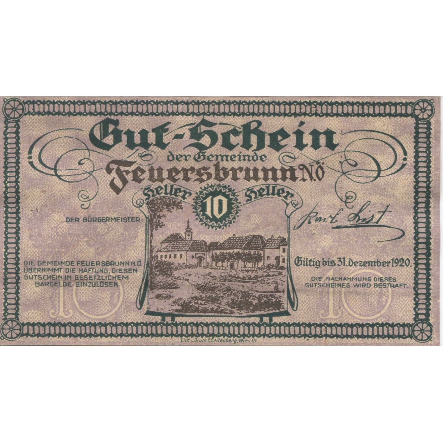 Banknote, Austria, Feuersbrunn, 10 Heller, Eglise, 1920 UNC(63) Mehl:FS 199