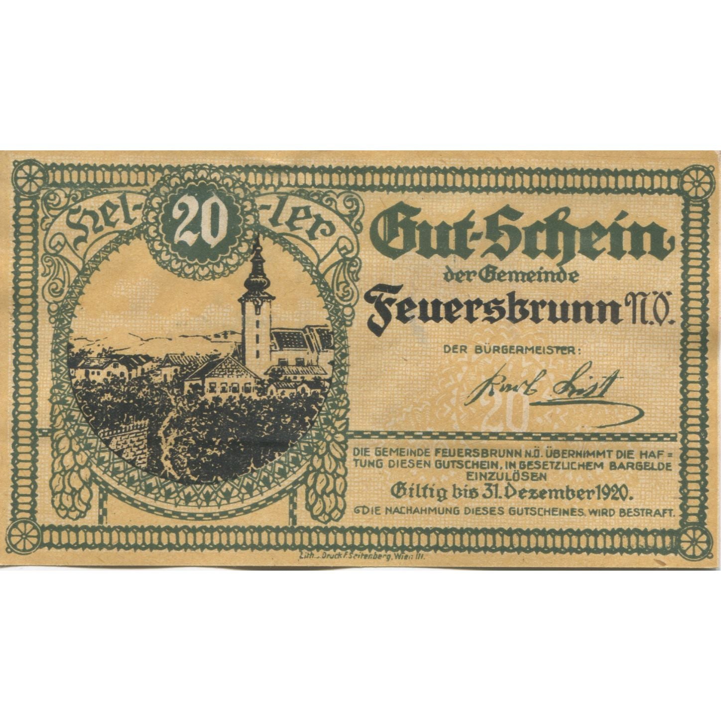 Banknote, Austria, Feuersbrunn, 20 Heller, Eglise, 1920, UNC(63) Mehl:FS 199