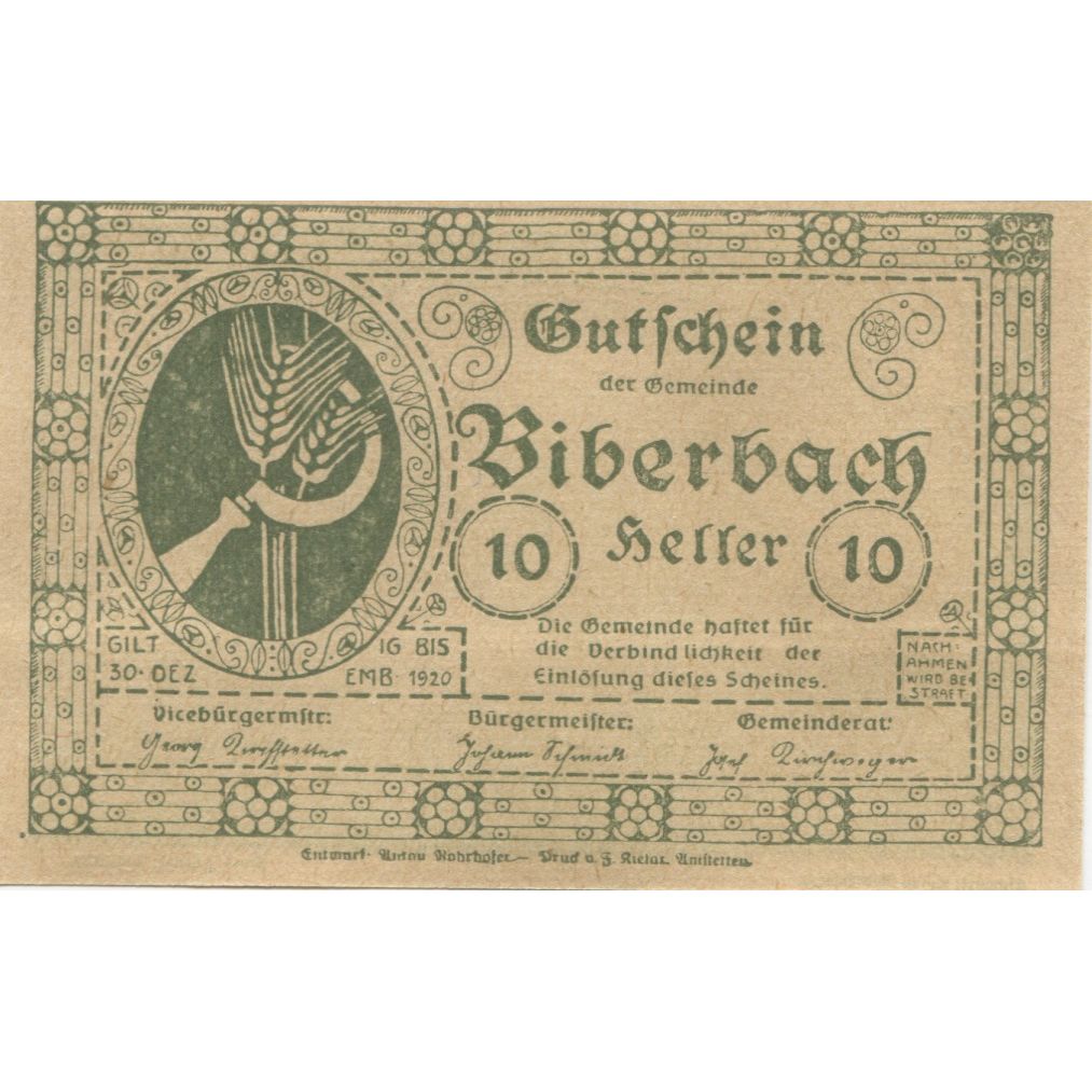 Banknote, Austria, Biberbach, 10 Heller, blé, 1920-12-30, UNC(63) Mehl:FS 86IIc