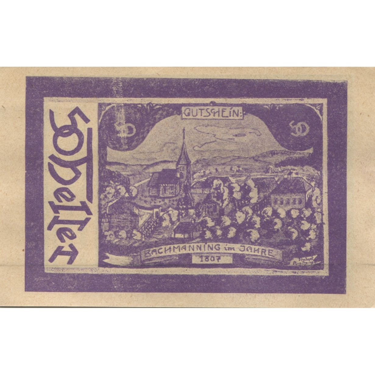 Banknote, Austria, Bachmanning, 50 Heller, village, 1921 UNC(63) Mehl:FS 72Ia