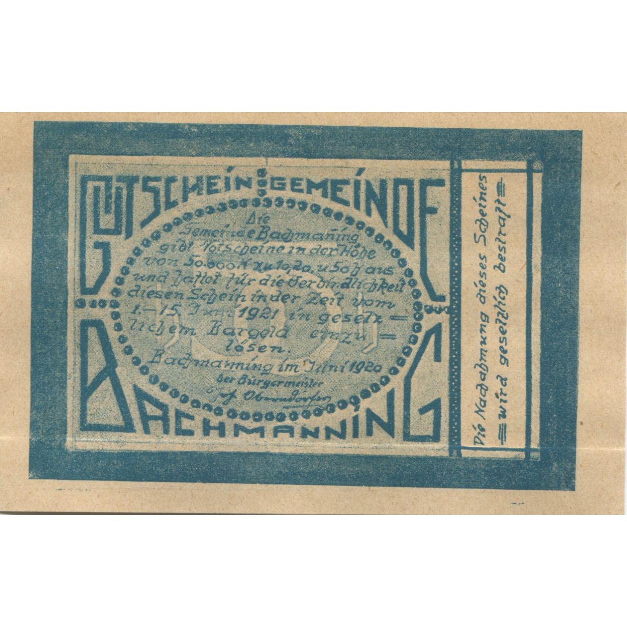 Banknote, Austria, Bachmanning, 50 Heller, village, 1921 UNC(63) Mehl:FS 72Ia