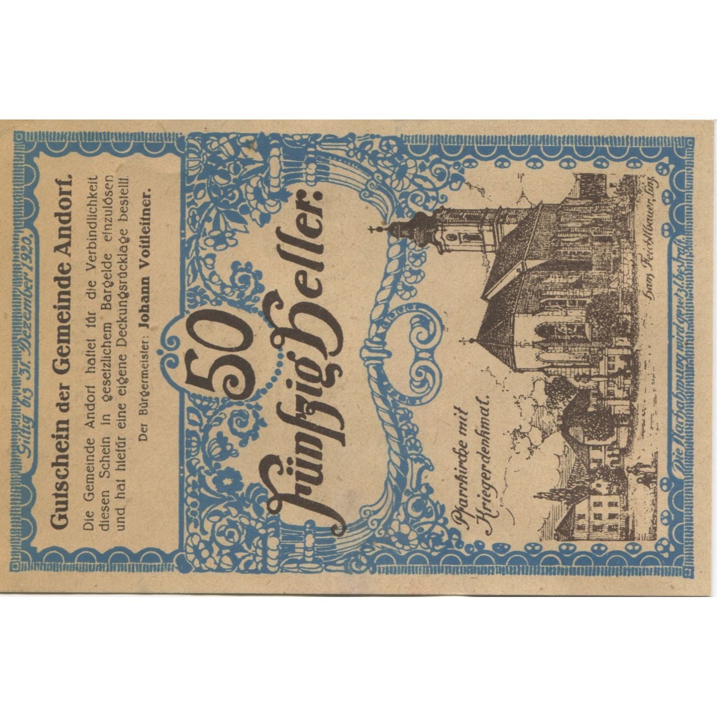 Banknote, Austria, Andorf, 50 Heller, Eglise 1920-12-31, UNC(63), Mehl:FS 40a