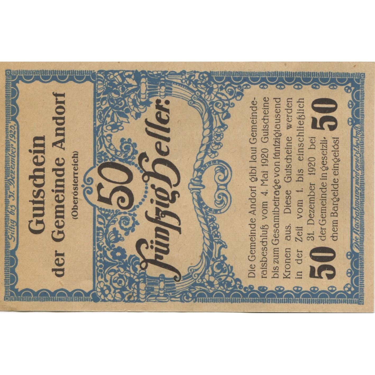 Banknote, Austria, Andorf, 50 Heller, Eglise 1920-12-31, UNC(63), Mehl:FS 40a