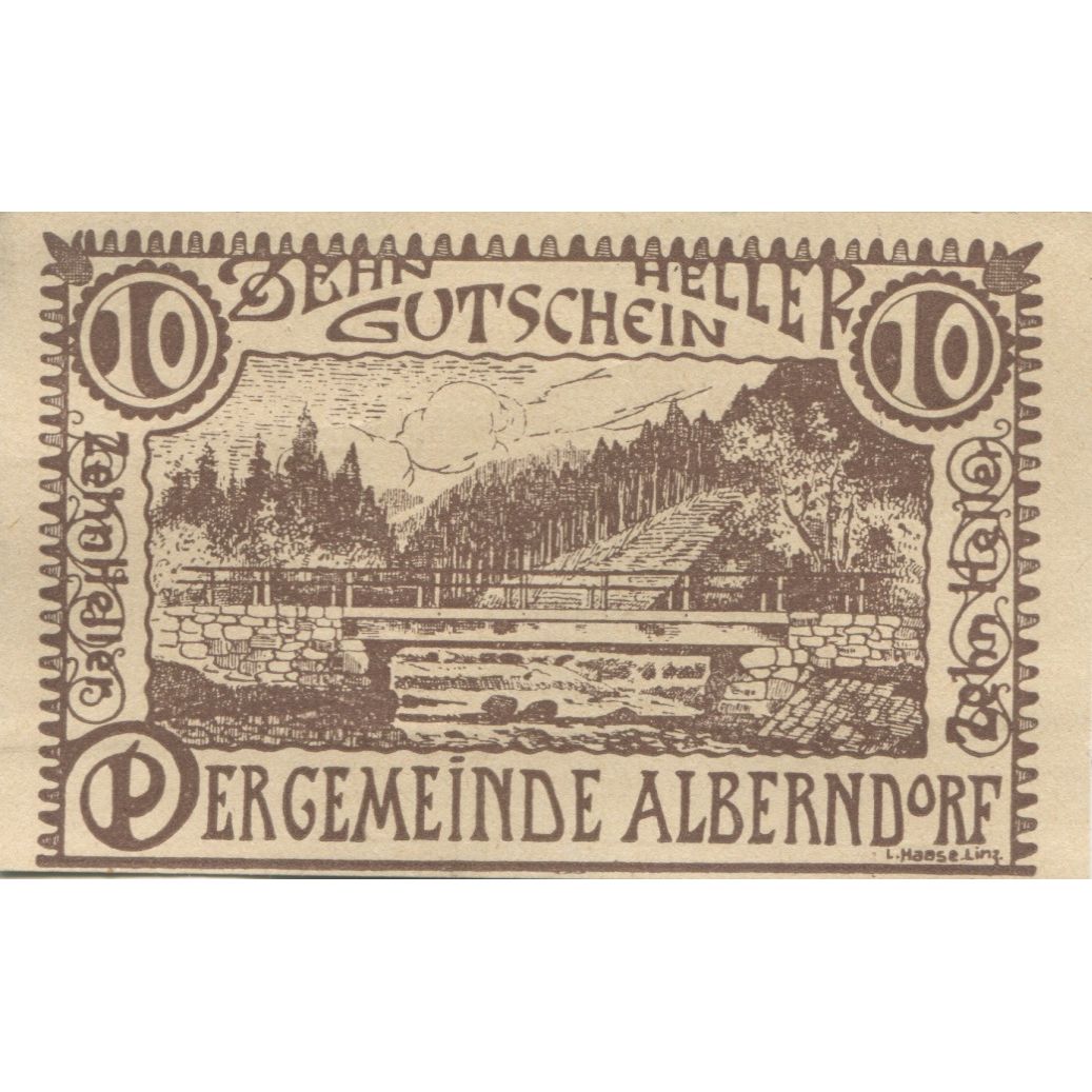 Banknote, Austria, Alberndorf, 10 Heller, pont, 1920 UNC(63) Mehl:FS 17a1
