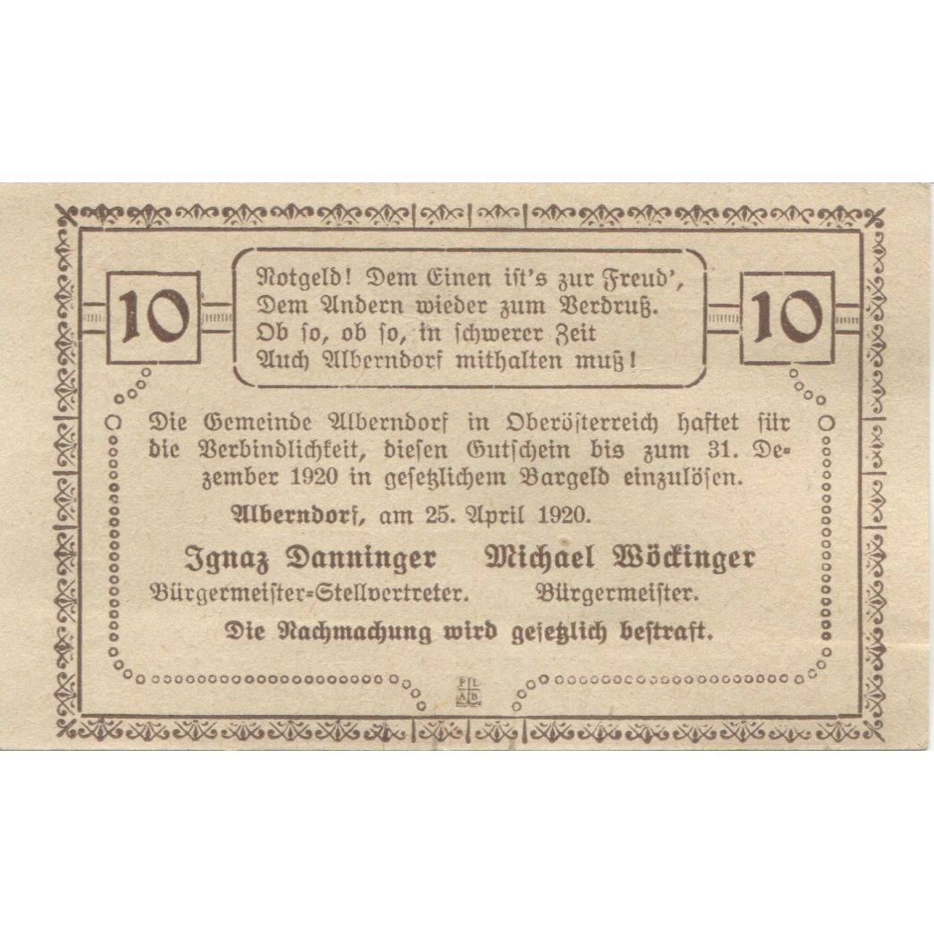 Banknote, Austria, Alberndorf, 10 Heller, pont, 1920 UNC(63) Mehl:FS 17a1