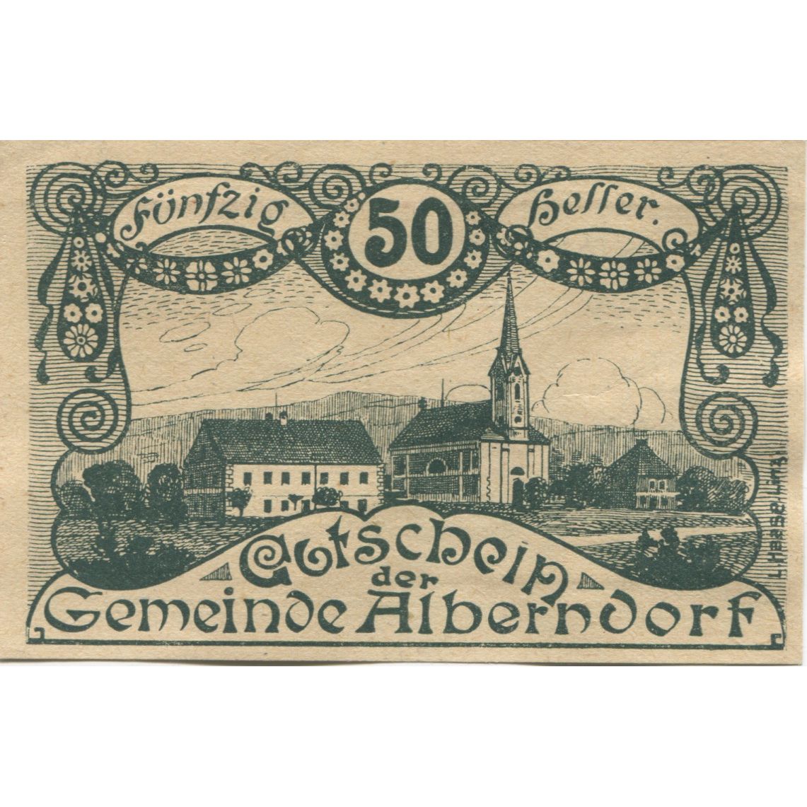 Banknote, Austria, Alberndorf, 50 Heller, Eglise, 1920, UNC(63) Mehl:FS 17a1