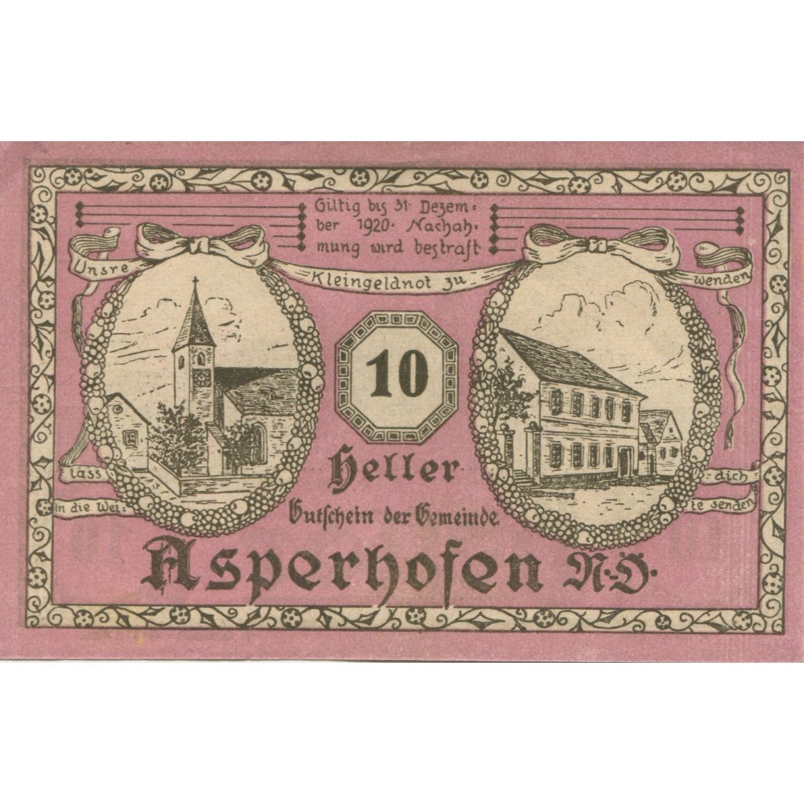 Banknote, Austria, Asperhofen, 10 Heller, Eglise, 1920 UNC(63) Mehl:FS 58a