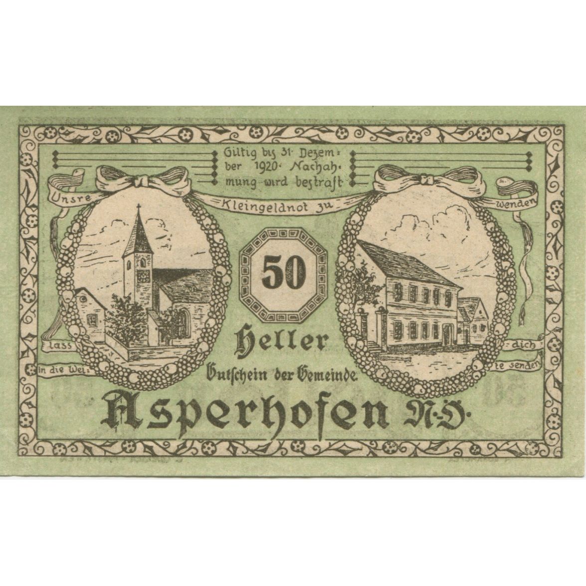 Banknote, Austria, Asperhofen, 50 Heller, mairie 1920-12-31, UNC(63) Mehl:FS 58a