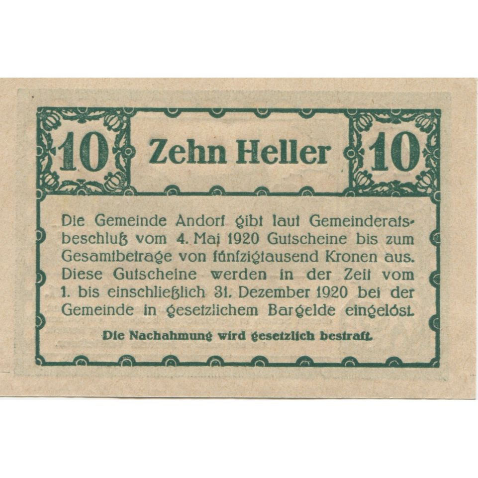 Banknote, Austria, Andorf, 10 Heller, village 1920-12-31, UNC(63) Mehl:FS 40b